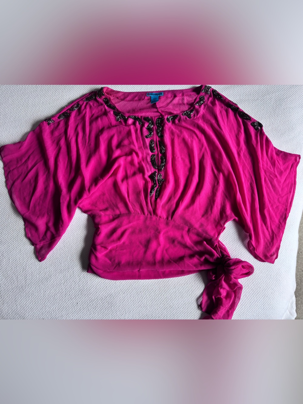 Vintage Y2K Flutterbye Mesh Hot Pink Beaded Bat Wing Silky Top